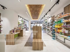 Wood Ceiling Pharmacy Aisle Shelving and Retail Display