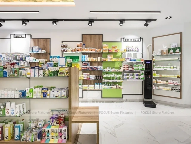 Wood Ceiling Pharmacy Aisle Shelving and Retail Display