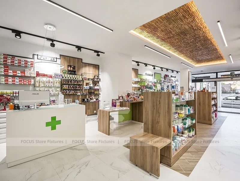 Wood Ceiling Pharmacy Aisle Shelving and Retail Display