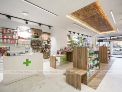 Wood Ceiling Pharmacy Aisle Shelving and Retail Display