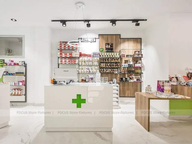 Wood Ceiling Pharmacy Aisle Shelving and Retail Display