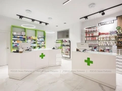 Wood Ceiling Pharmacy Aisle Shelving and Retail Display