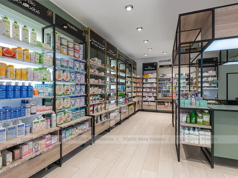 Wood Ceiling Pharmacy Gondola and Wall Display Layout