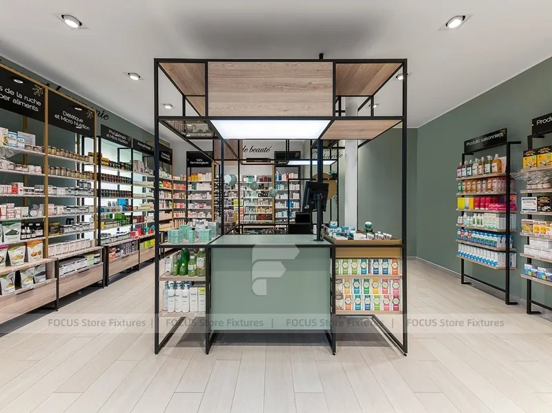 Wood Ceiling Pharmacy Gondola and Wall Display Layout