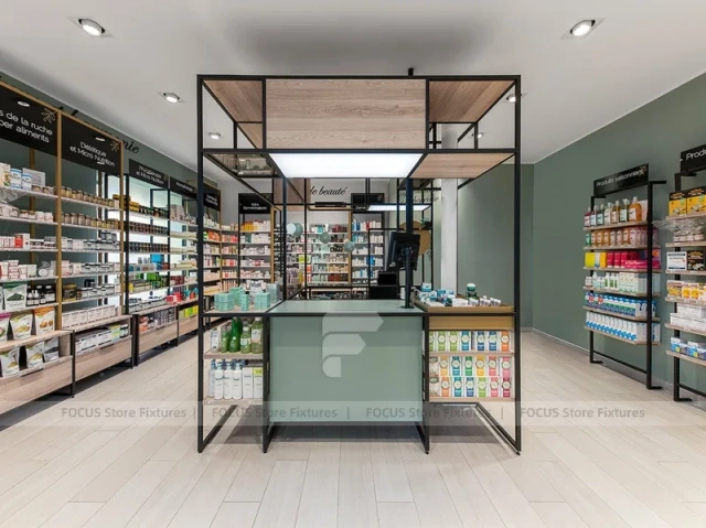 Wood Ceiling Pharmacy Gondola and Wall Display Layout