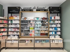 Wood Ceiling Pharmacy Gondola and Wall Display Layout