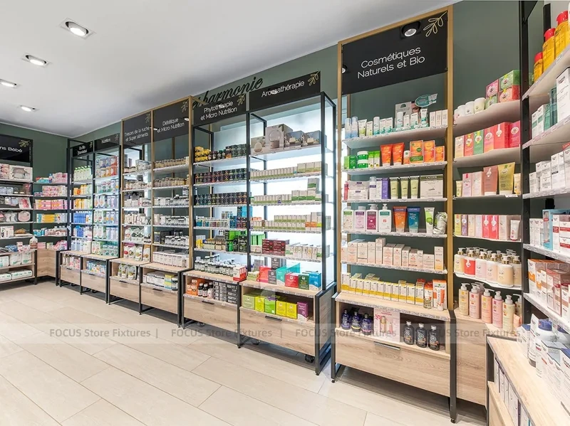 Wood Ceiling Pharmacy Gondola and Wall Display Layout