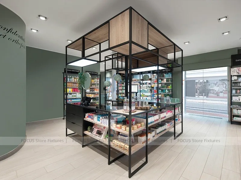 Wood Ceiling Pharmacy Gondola and Wall Display Layout