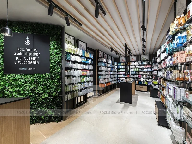 Wood Ceiling Pharmacy Gondola and Wall Display Layout