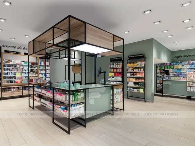 Wood Ceiling Pharmacy Gondola and Wall Display Layout