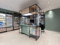 Wood Ceiling Pharmacy Gondola and Wall Display Layout