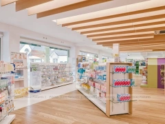 Wood Slat Ceiling Pharmacy Island Shelving Layout