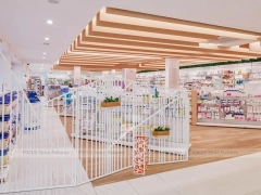 Wood Slat Ceiling Pharmacy Island Shelving Layout