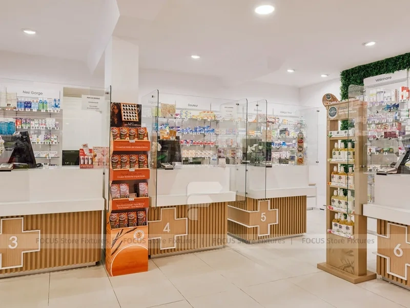 Wood Slat Ceiling Pharmacy Island Shelving Layout