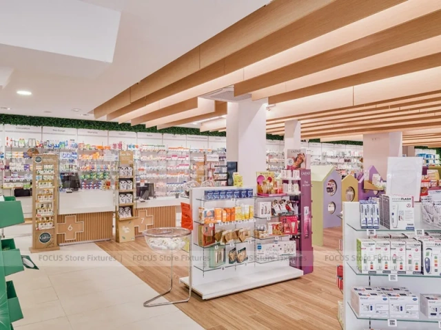 Wood Slat Ceiling Pharmacy Island Shelving Layout
