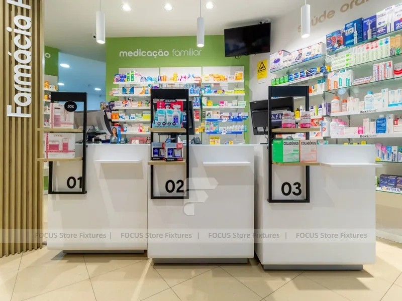 Wood Slat Ceiling Pharmacy Island Shelving Layout
