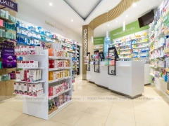 Wood Slat Ceiling Pharmacy Island Shelving Layout