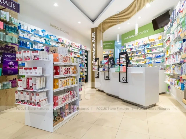 Wood Slat Ceiling Pharmacy Island Shelving Layout