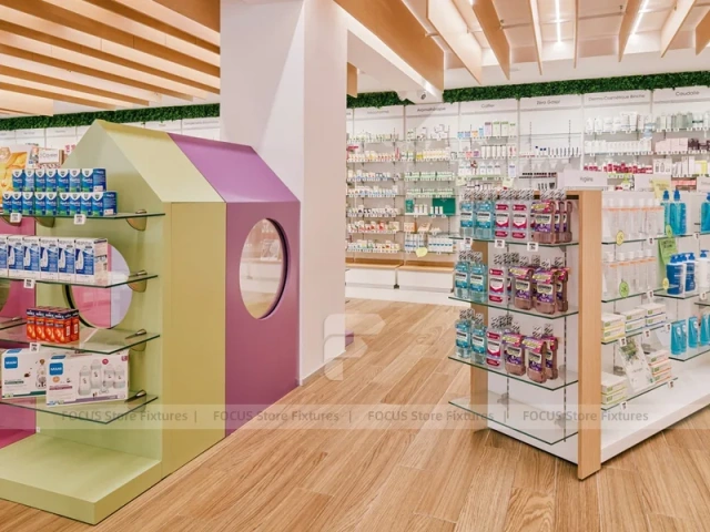Wood Slat Ceiling Pharmacy Island Shelving Layout