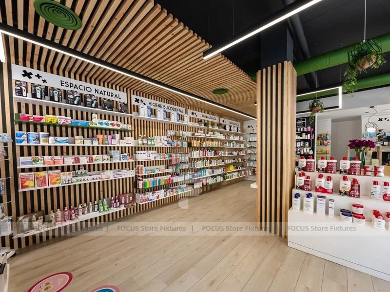 Wood Slat Green Pharmacy Wall Shelving Interior
