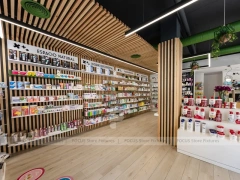 Wood Slat Green Pharmacy Wall Shelving Interior