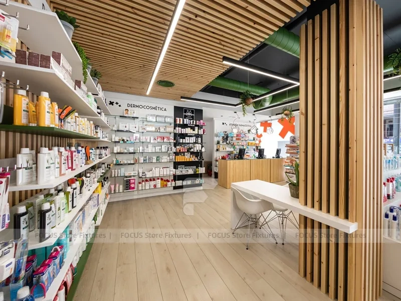 Wood Slat Green Pharmacy Wall Shelving Interior