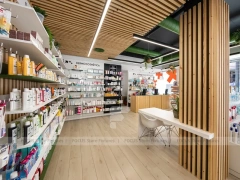 Wood Slat Green Pharmacy Wall Shelving Interior