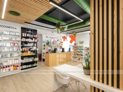 Wood Slat Green Pharmacy Wall Shelving Interior