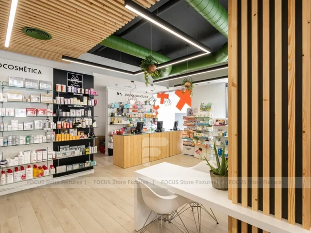 Wood Slat Green Pharmacy Wall Shelving Interior