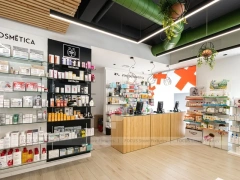 Wood Slat Green Pharmacy Wall Shelving Interior