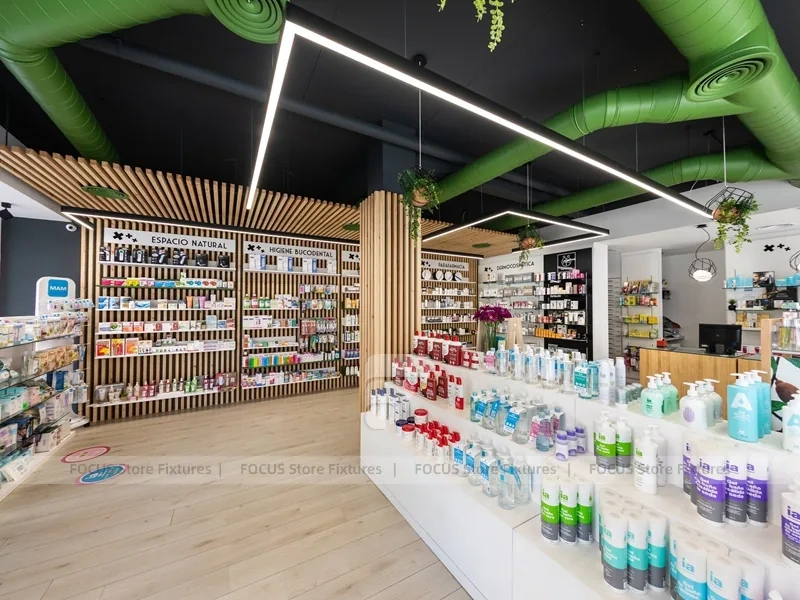 Wood Slat Green Pharmacy Wall Shelving Interior