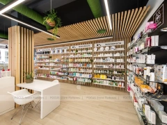Wood Slat Green Pharmacy Wall Shelving Interior