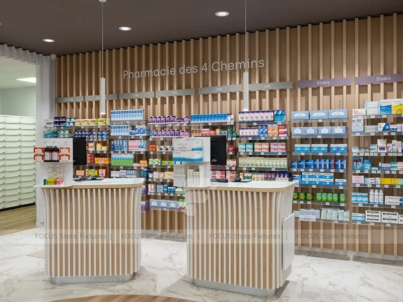 Wood Slat Pharmacy Counter Wall Display Design