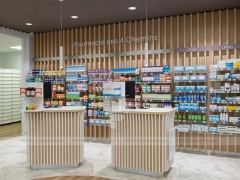 Wood Slat Pharmacy Counter Wall Display Design