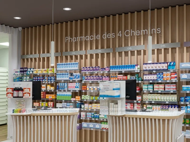 Wood Slat Pharmacy Counter Wall Display Design