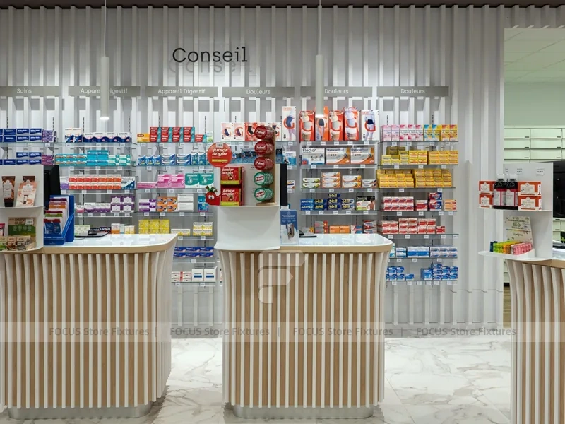 Wood Slat Pharmacy Counter Wall Display Design