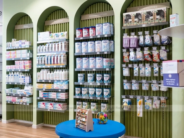 Wood Slat Pharmacy Counter Wall Display Design