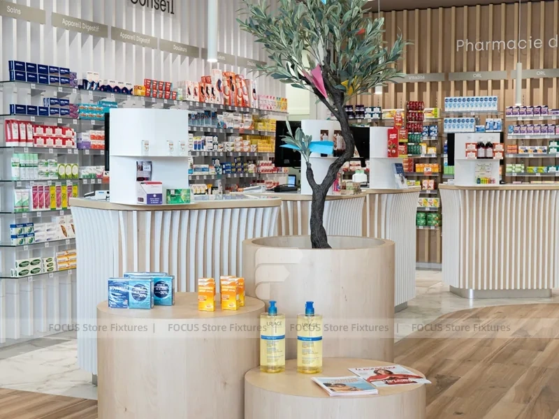 Wood Slat Pharmacy Counter Wall Display Design