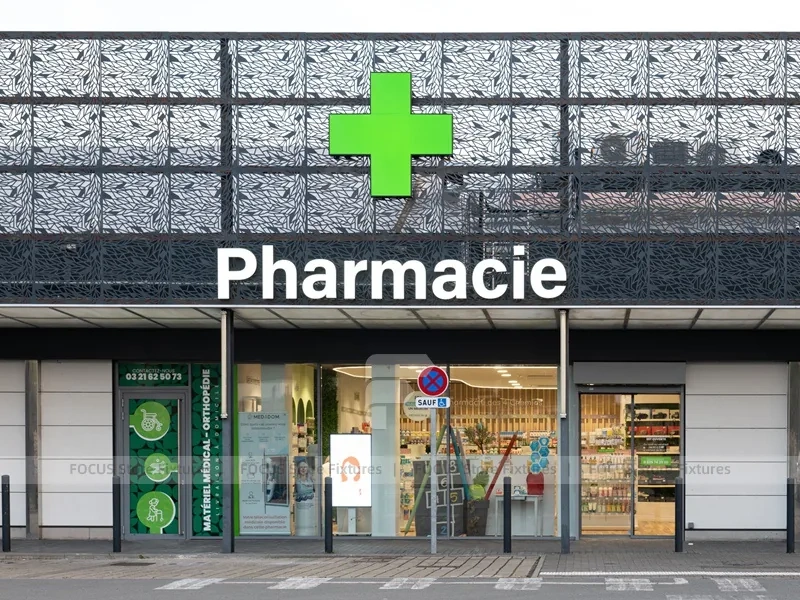 Wood Slat Pharmacy Counter Wall Display Design