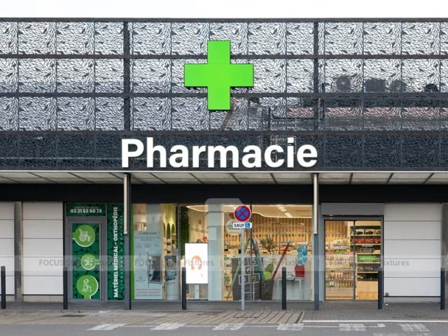 Wood Slat Pharmacy Counter Wall Display Design
