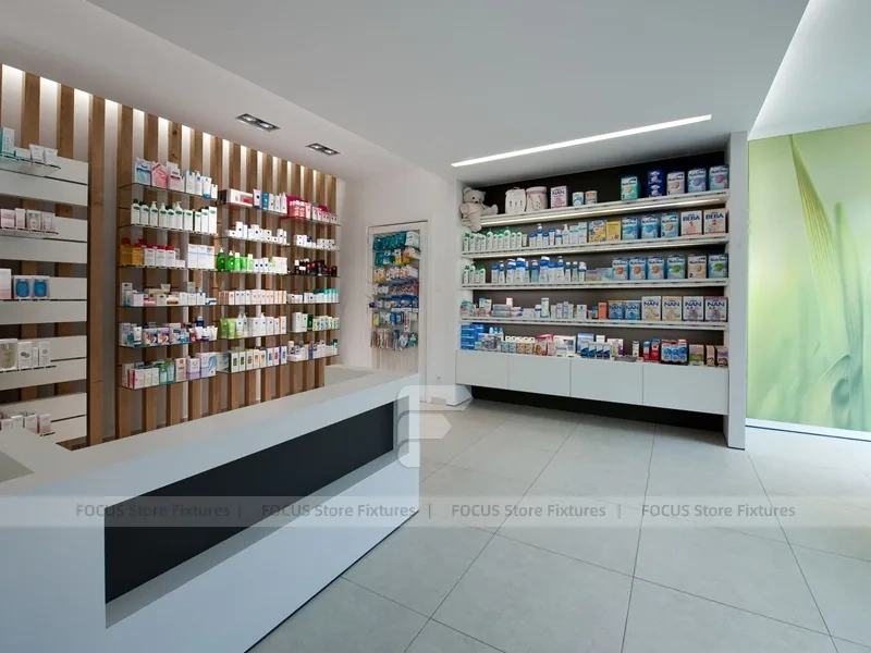 Wood Slat Pharmacy Wall Shelving and Long Counter