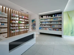 Wood Slat Pharmacy Wall Shelving and Long Counter