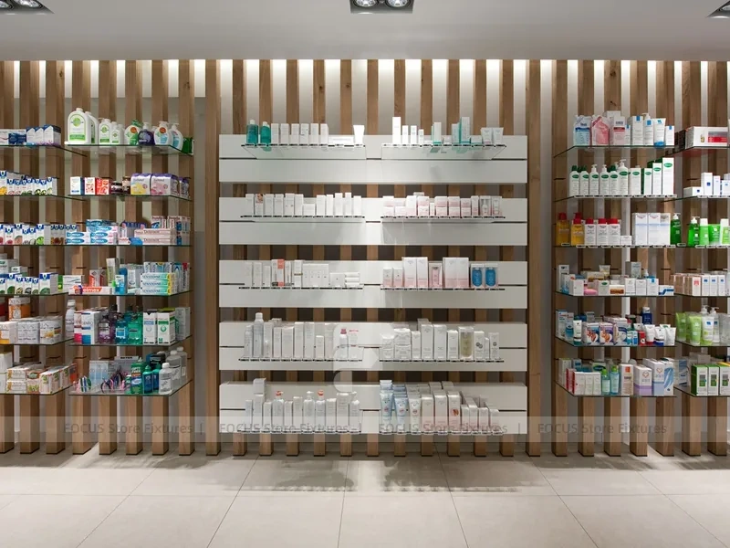 Wood Slat Pharmacy Wall Shelving and Long Counter