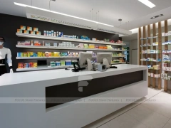 Wood Slat Pharmacy Wall Shelving and Long Counter