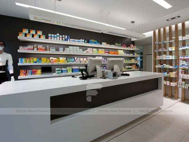 Wood Slat Pharmacy Wall Shelving and Long Counter