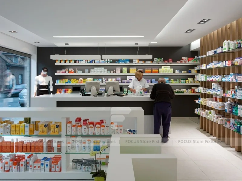 Wood Slat Pharmacy Wall Shelving and Long Counter