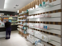 Wood Slat Pharmacy Wall Shelving and Long Counter