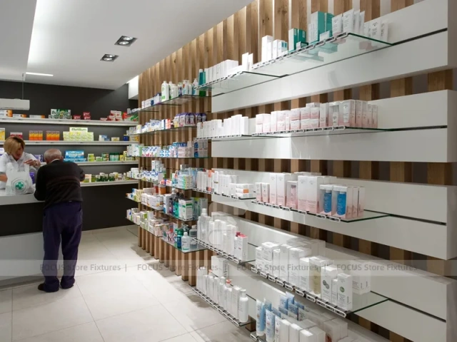 Wood Slat Pharmacy Wall Shelving and Long Counter