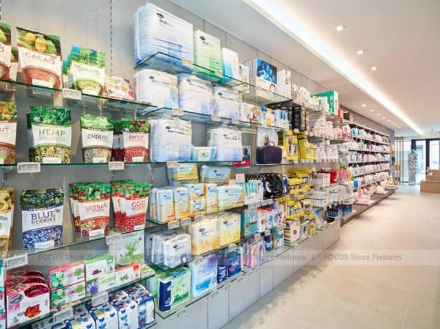 Wood Slat Pharmacy Wall Shelving and Long Counter