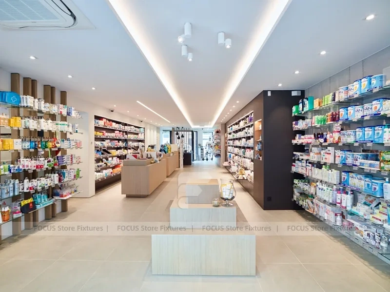 Wood Slat Pharmacy Wall Shelving and Long Counter